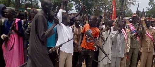 Members of the Rup community surrender their guns voluntarily in Rumbek on August 25, 2020. (Radio Tamazuj)