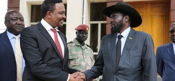 Workneh Gebeyehu, Minister for Foreign Affairs of Ethiopia and Chairperson of the IGAD Council meets President Kiir in Juba. Uganda’s Oryem is left. (Photo: mfaethiopia)