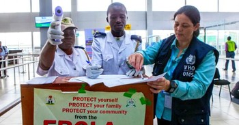 Dr Aileen Marty, WHO disease expert, at Ebola screening centre at the departure terminal of Murtala Muhammed International Airport, Lagos, Nigeria. Photo: WHO/A Esiebo